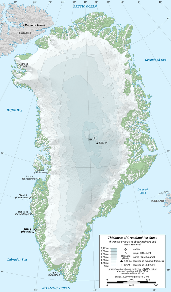 最后还剩下一个格陵兰岛,大部分都位于北极圈以内,因为