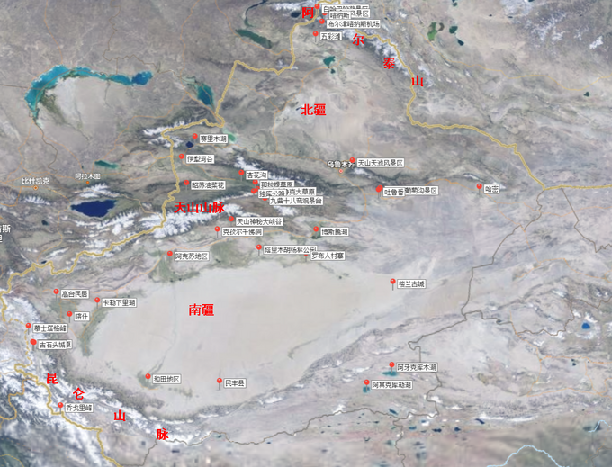 南疆主要城市有:喀什,图木舒克,阿克苏,阿拉尔,和田,库尔勒,铁门关