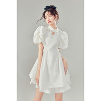 DIDDI原创设计新中式旗袍白色仙女连衣裙女夏小众泡泡袖高腰短裙
