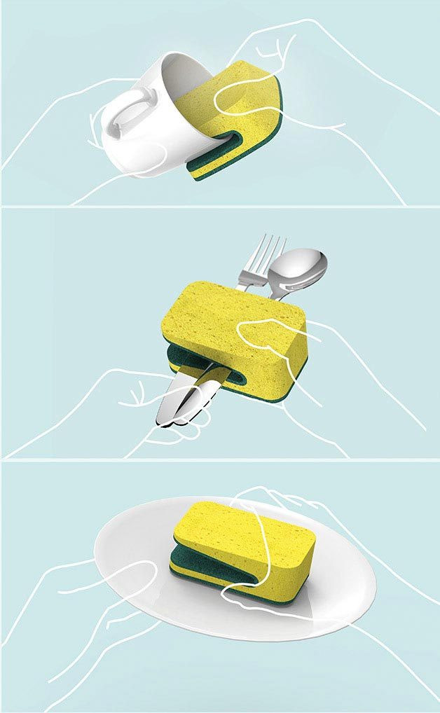 一次擦洗两面洁净：韩国设计师推出扁口夹型洗碗布 Folded Dish Sponge