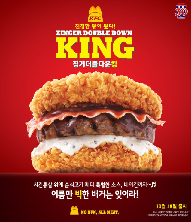 肉食者的致命诱惑：KFC 在韩推王者版 Zinger Double Down King 全肉汉堡