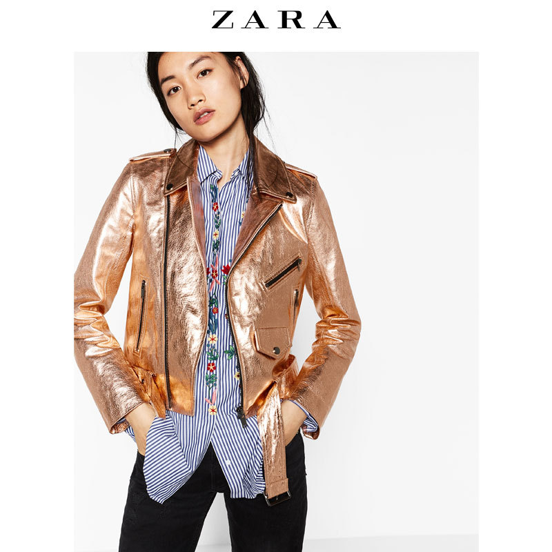 ZARA 女装 金属色真皮外套