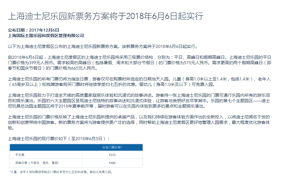 出行提示：上海迪士尼宣布明年6月6日起采用三级票价
