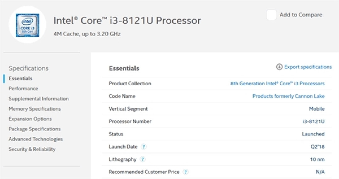 步入10nm时代、支持LPDDR4内存:intel 英特尔 发布 酷睿 i3-8121U 处理器