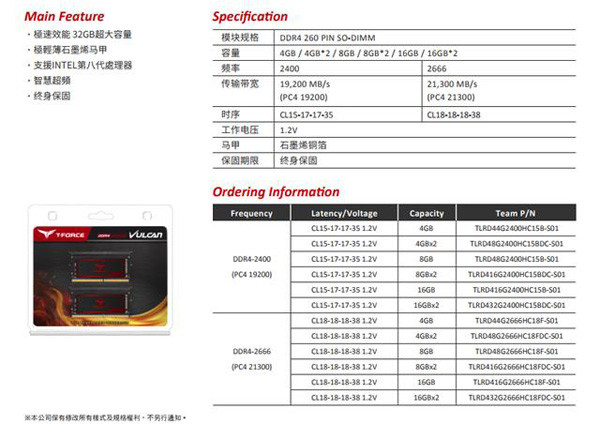 石墨烯散热：Team 十铨 推出 T-FORCE VULCAN DDR4 笔记本内存