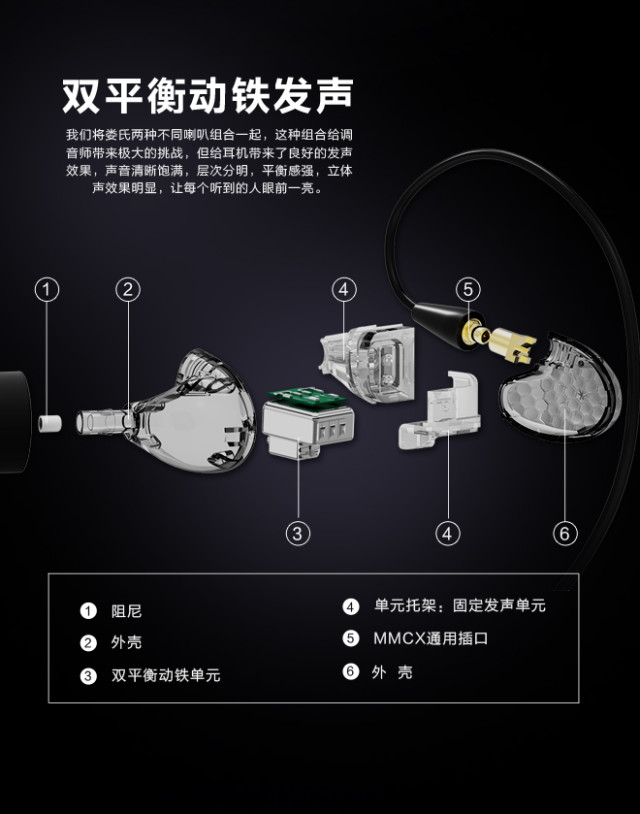 AudioSense T260 楼氏可换线双动铁耳机