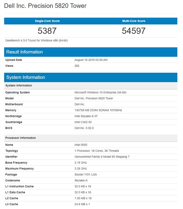 多线操作、遍地开花：intel 新一代 Cascade Lake-X 现身 GeekBench，依然18核心