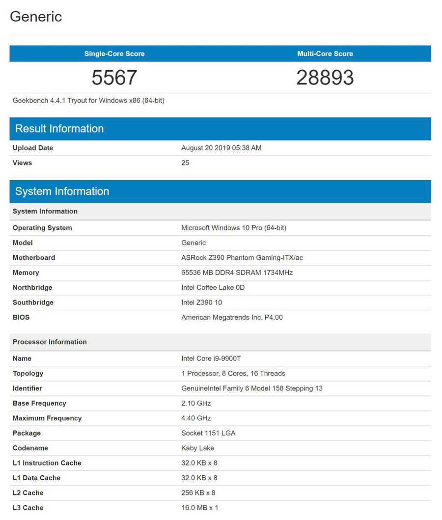 35W的8核处理器：intel 酷睿i9-9900T 现身 geekbench，默频2.1GHz，最高睿频4.4GHz