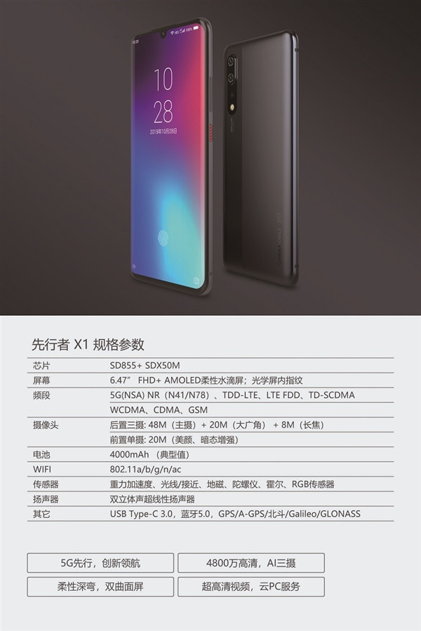 骁龙855、6.47寸双曲面水滴屏：中国移动首款自研 5G 手机先行者 X1 天猫首发