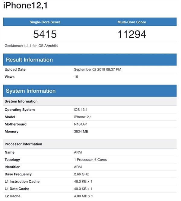 疑似iPhone 11现身跑分网站，A13处理器搭配4GB内存，性能最高提升12%