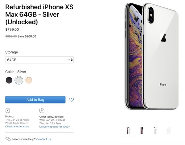 苹果美国开卖 官方翻新版iPhone XS/XS Max，64GB售699美元起（约4799元）