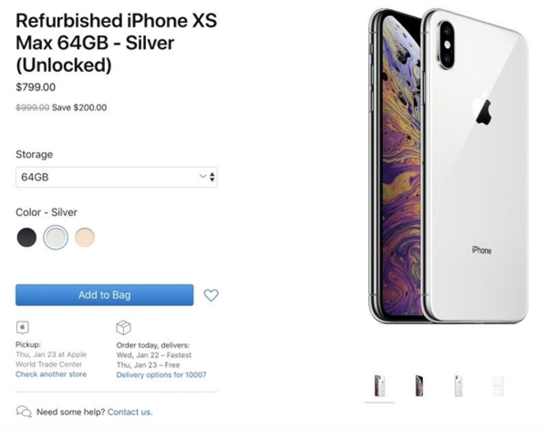 苹果美国开卖 官方翻新版iPhone XS/XS Max,64GB售699美元起(约4799元)