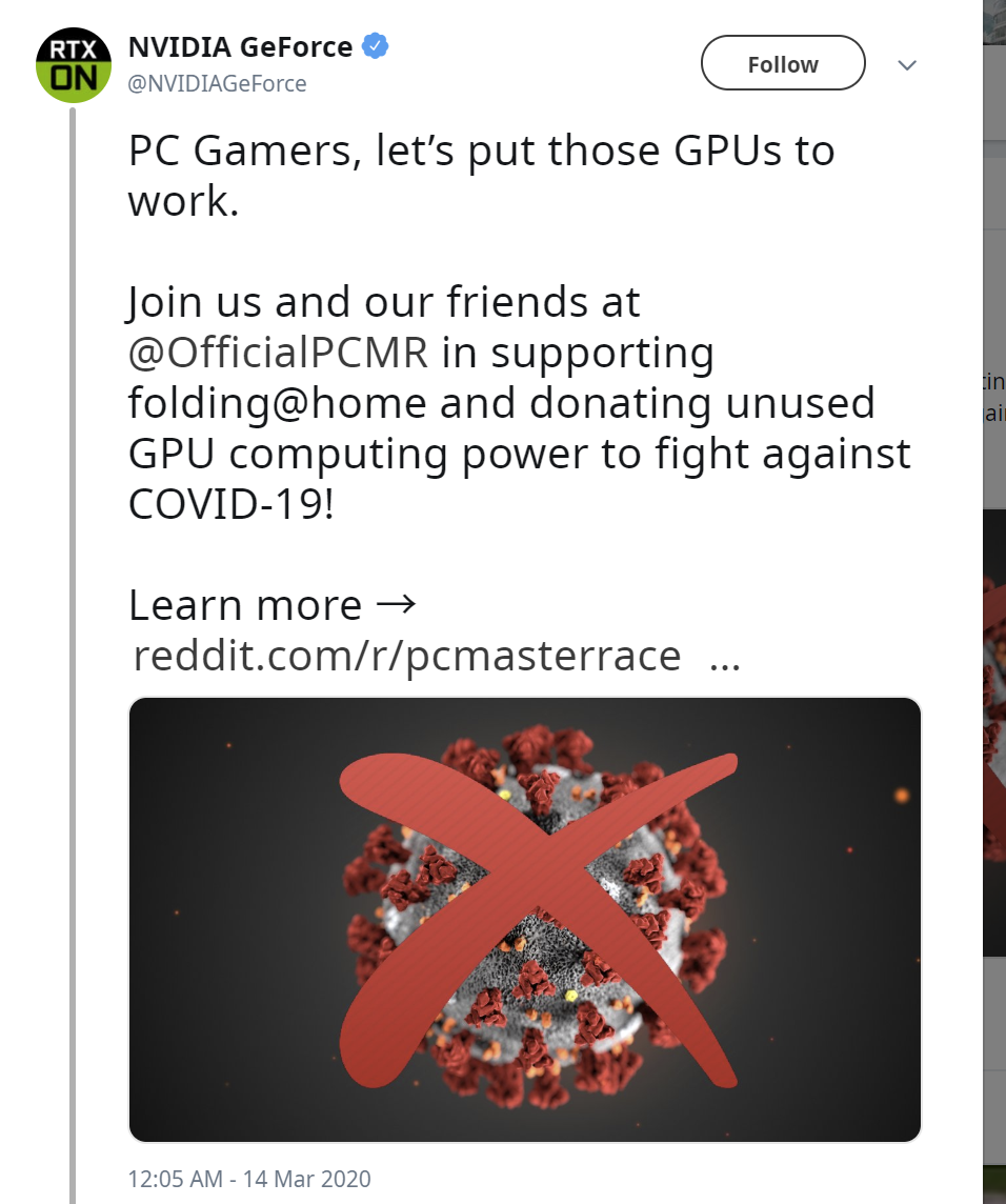 NVIDIA 号召玩家捐献闲置算力，支持对 COVID-19 病毒的研究
