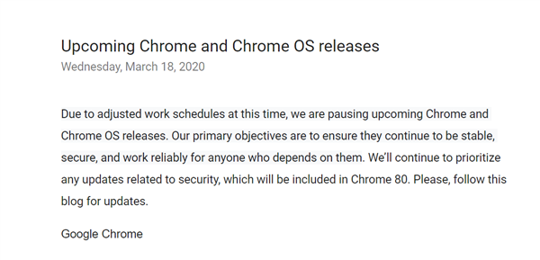 受疫情影响 谷歌Chrome浏览器/Chrome OS暂停更新