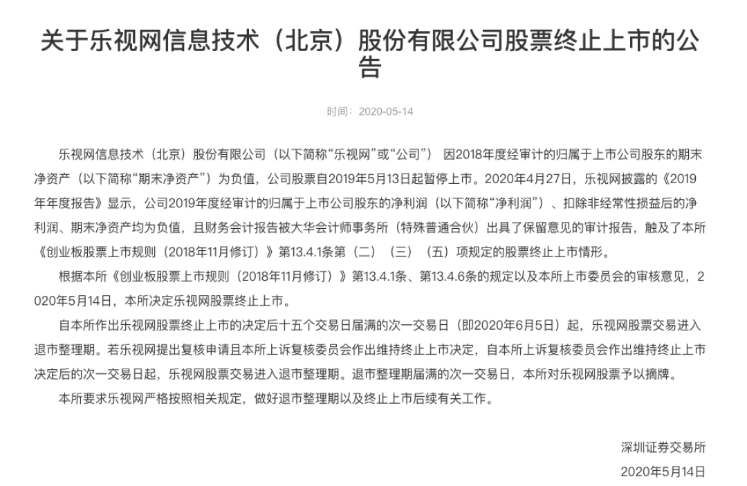 乐视网股票终止上市，退市在所难免？