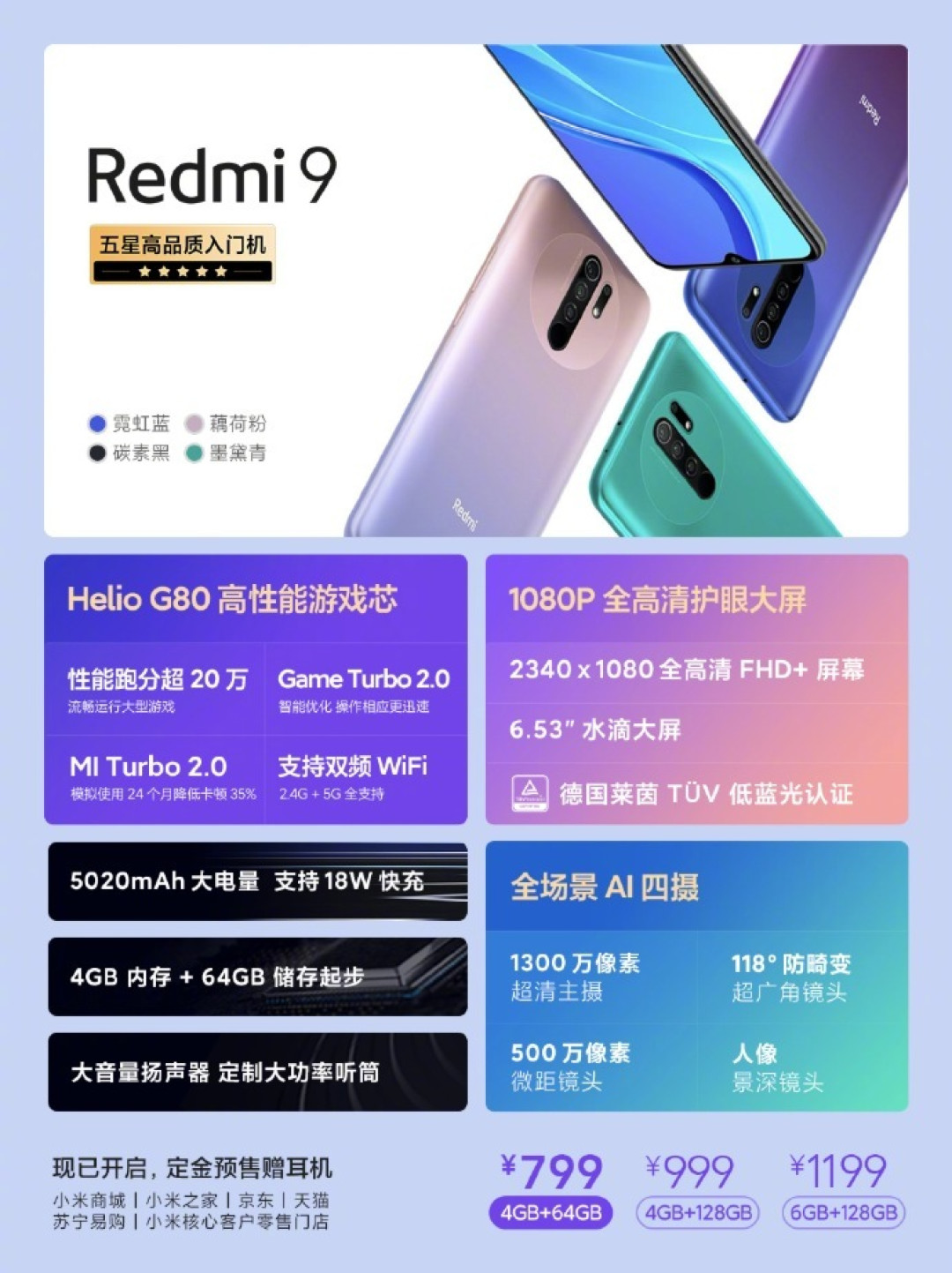 五星级百元机:Redmi 9新品预售开启,5020mAh电池1080P屏幕,售价799元起