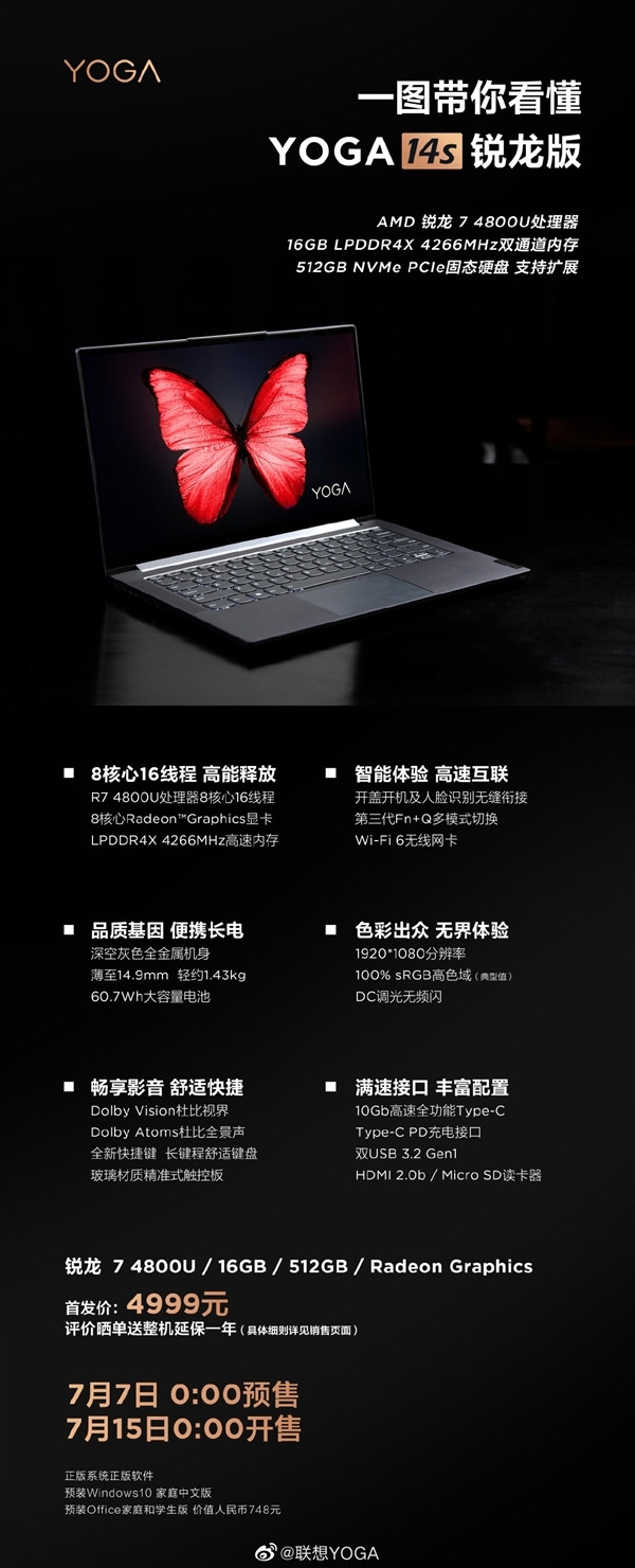 联想Yoga 14s锐龙版正式上架预售：锐龙7 4800U+16GB内存+512GB SSD