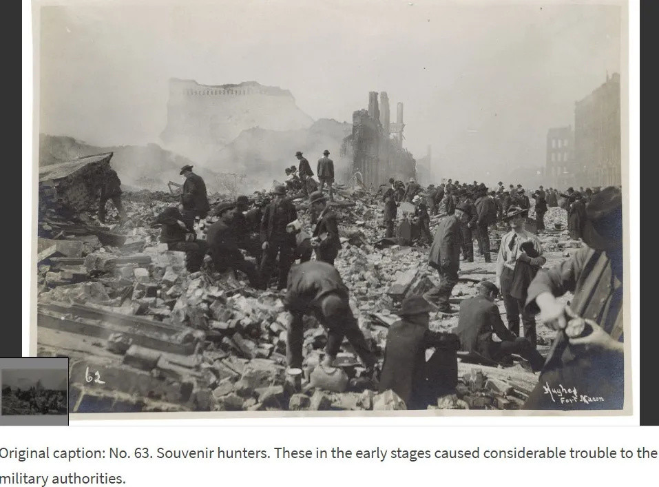 纪念品猎人是美国老传统——1906年，旧金山地震后纪念品猎人占领废墟捡宝贝，压在下边的人应该死透了