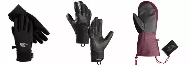 轻薄型手套提供基础的保暖防护，比如左图的北面（TNF）弹性抓绒手套；基础功能型手套防风保暖，比如中图的始祖鸟（Arcteryx）领悟软壳手套；更加注重防护的功能性手套如右图北面蒙大拿连指手套。如果你的活动强调手部动作，手套的灵活性很重要。图片来源：backpacker.com