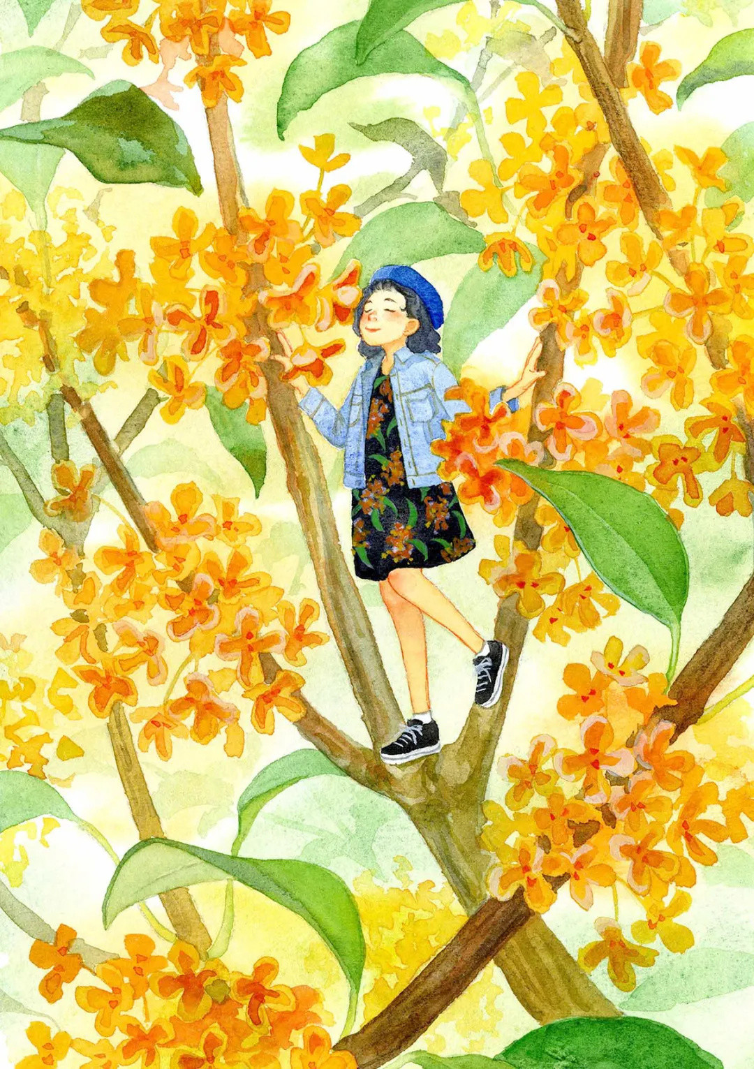 日本插画师把秋风桂花画在纸上，像是走进了秋天的童话世界