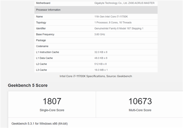 英特尔酷睿i7-11700K跑分成绩现身，单核性能反超锐龙9 5950X