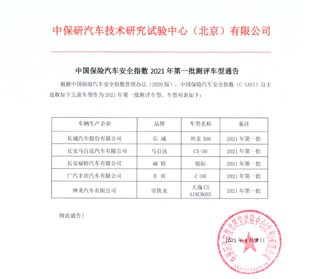 车闻小卖部:C-IASI公布2021年第一批测评车型