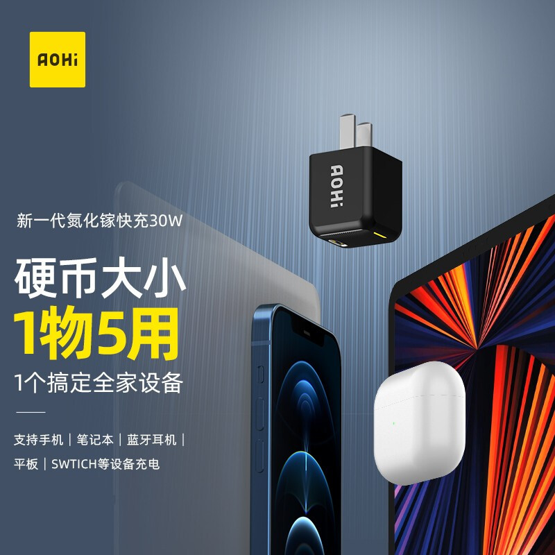 小而强大，手机平板电脑全搞定 - Aohi 65W氮化镓GaN充电器
