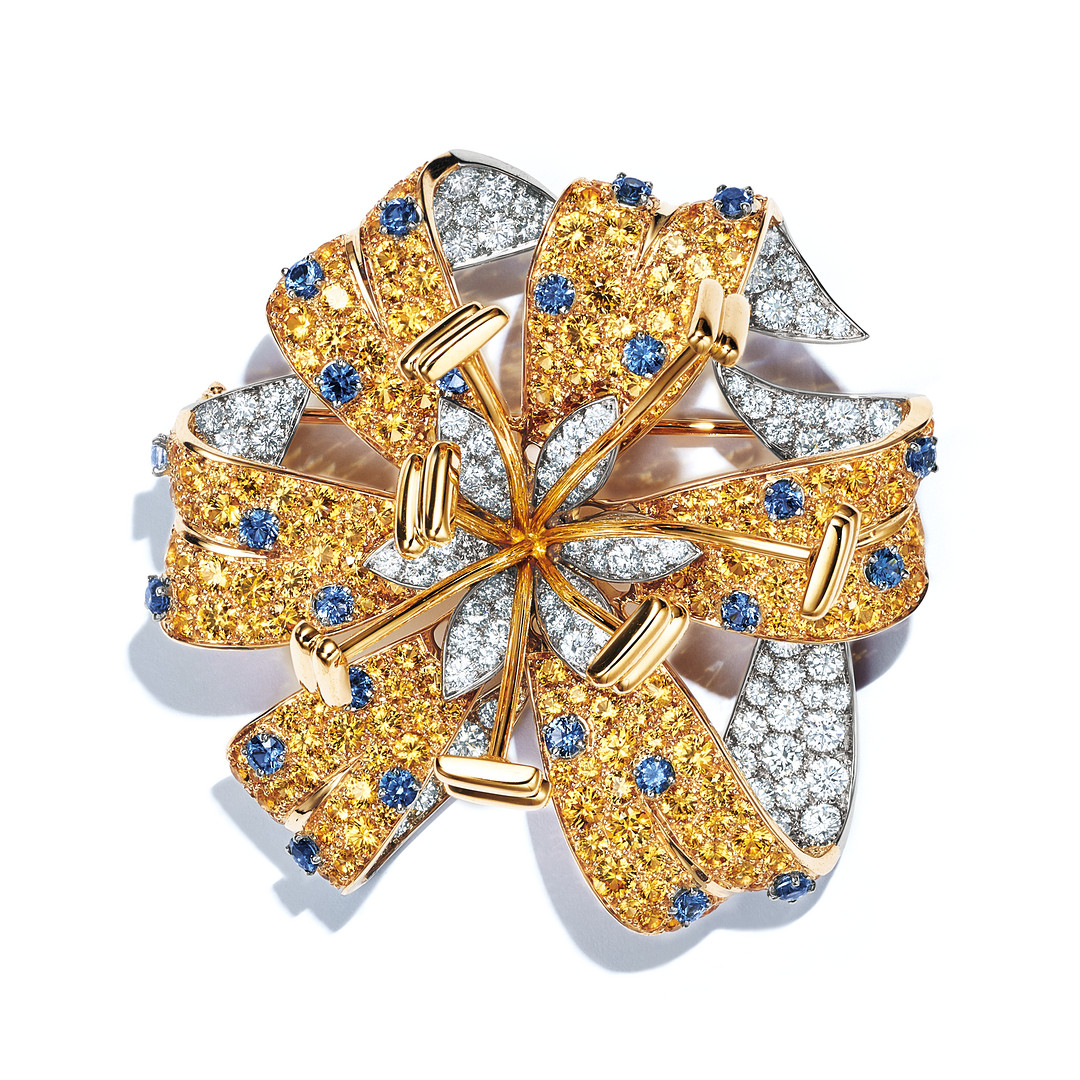 Tiffany & Co. 蒂芙尼Schlumberger® 高级珠宝系列铂金及18K黄金镶嵌黄色蓝宝石、蓝色蓝宝石及圆形明亮式切割钻石虎皮百合造型胸针