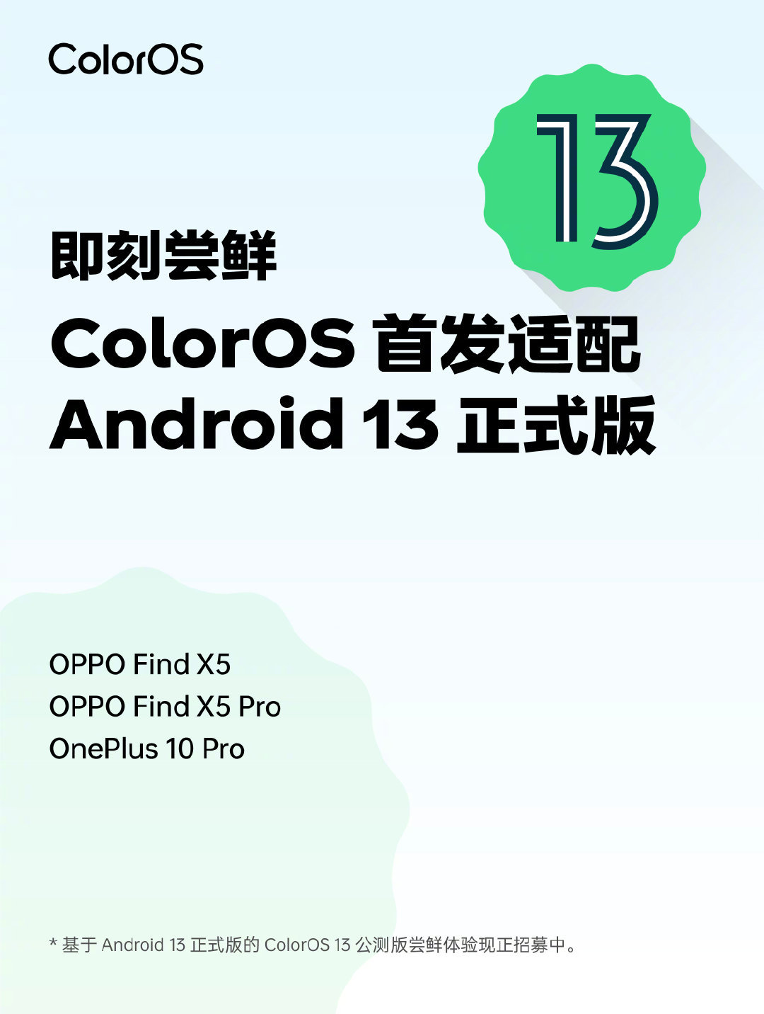 ColorOS 首发适配 Android 13 正式版：首批Find X5系列、一加10 Pro