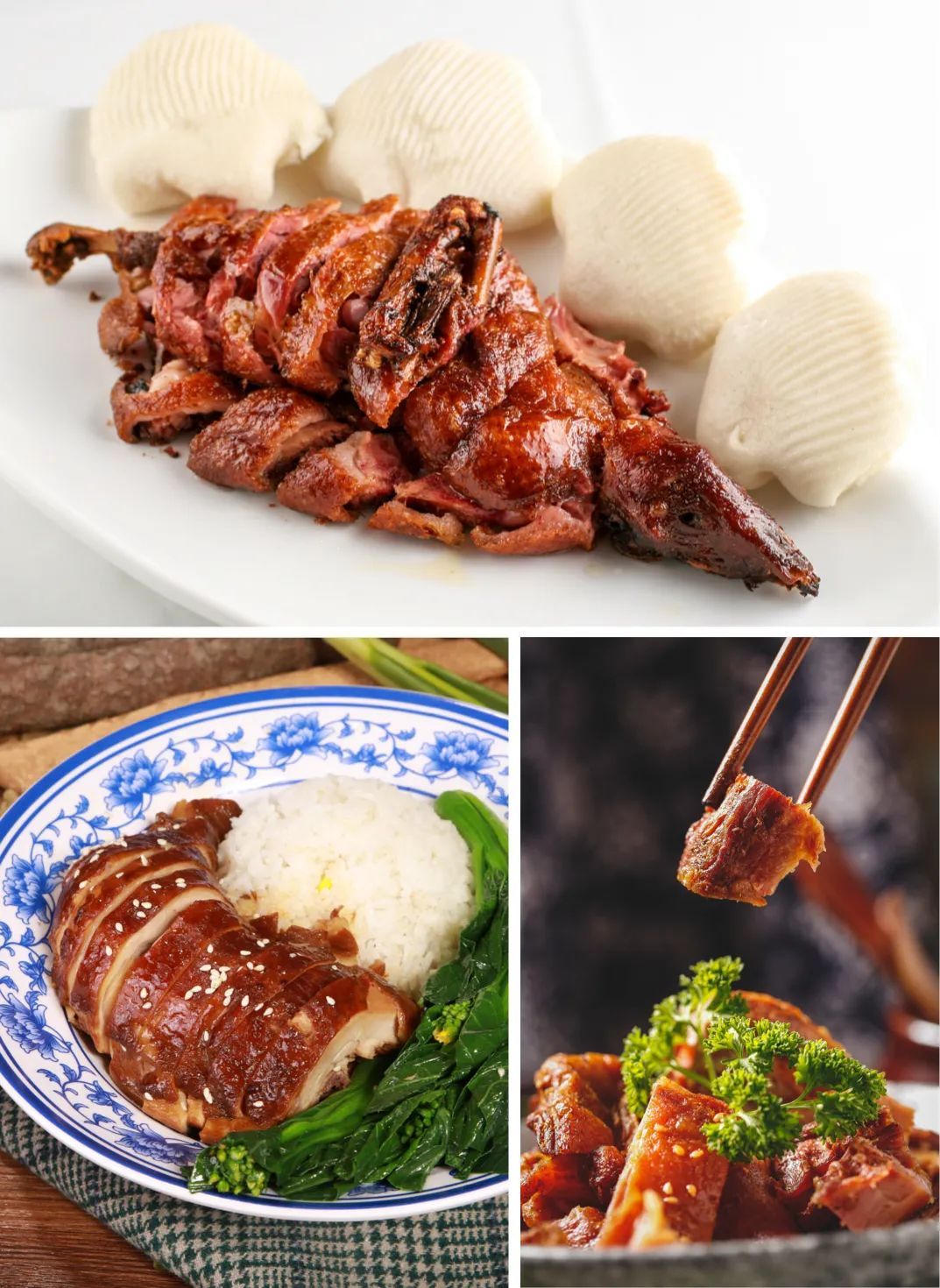 樟茶鸭（上图）、烧鸭饭（左下图）和手撕板鸭（右下图）©摄图网