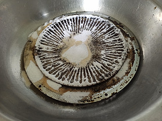 油垢消除亮晶晶，倒入皂粉开水浸。
