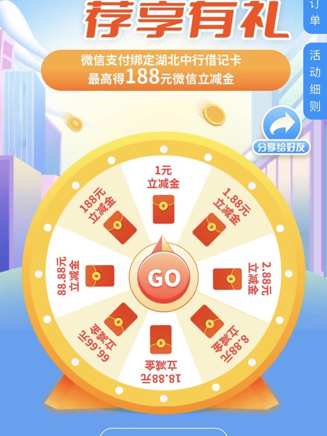 湖北省中国银行借记卡，抽1.88-188元微信立