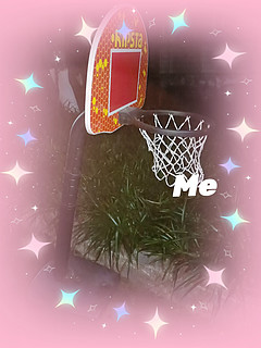 放在我们家花园里儿童篮球架！太好玩啦！