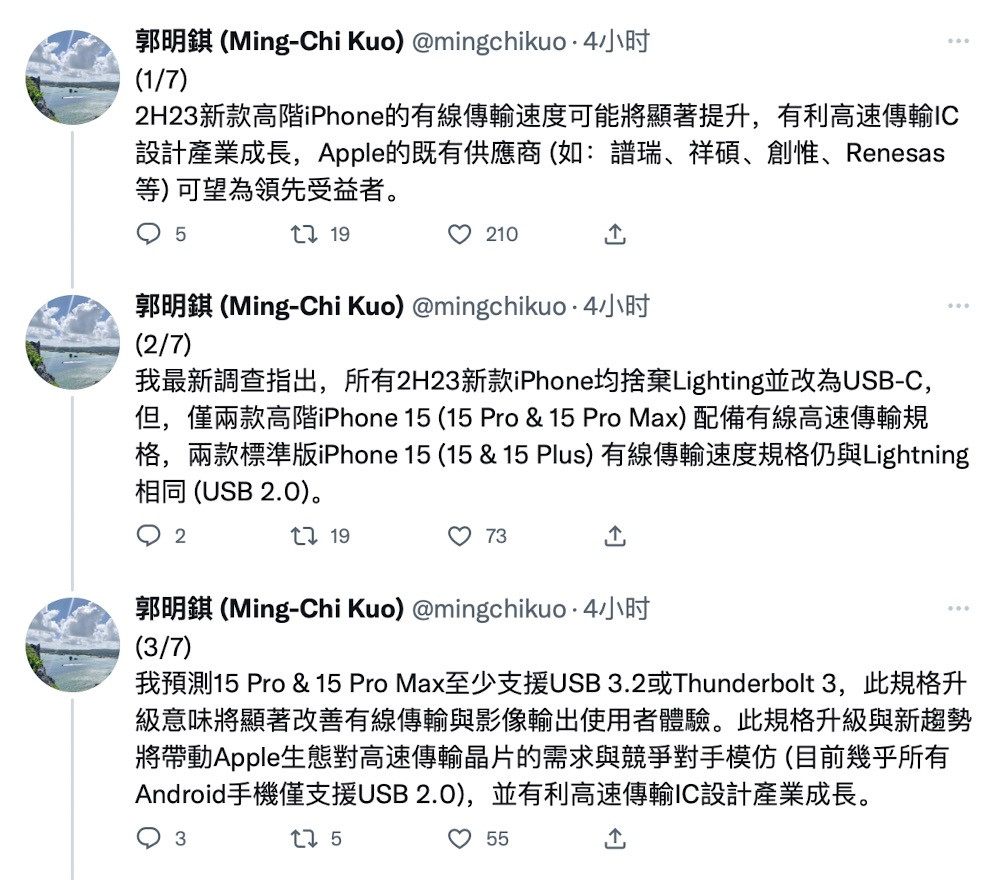网传丨郭明錤确认iPhone 15换用C口，依旧“等级森严”