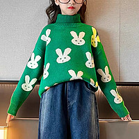 女童高领毛衣冬季新年服洋气加厚保暖韩系中大童套头绿红色针织衫