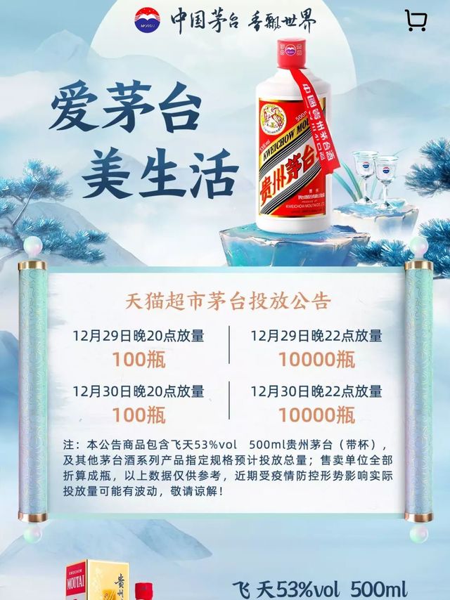 飞天茅台放量20000瓶,29日30日晚上22点开抢