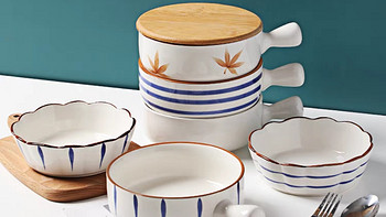 烤箱烤碗带柄日式陶瓷水果沙拉碗微波炉专用碗单个宿舍泡面碗带盖