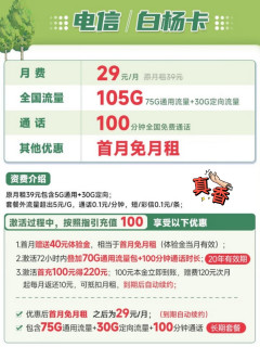 【白杨卡】～29元月租105G流量100分钟通话