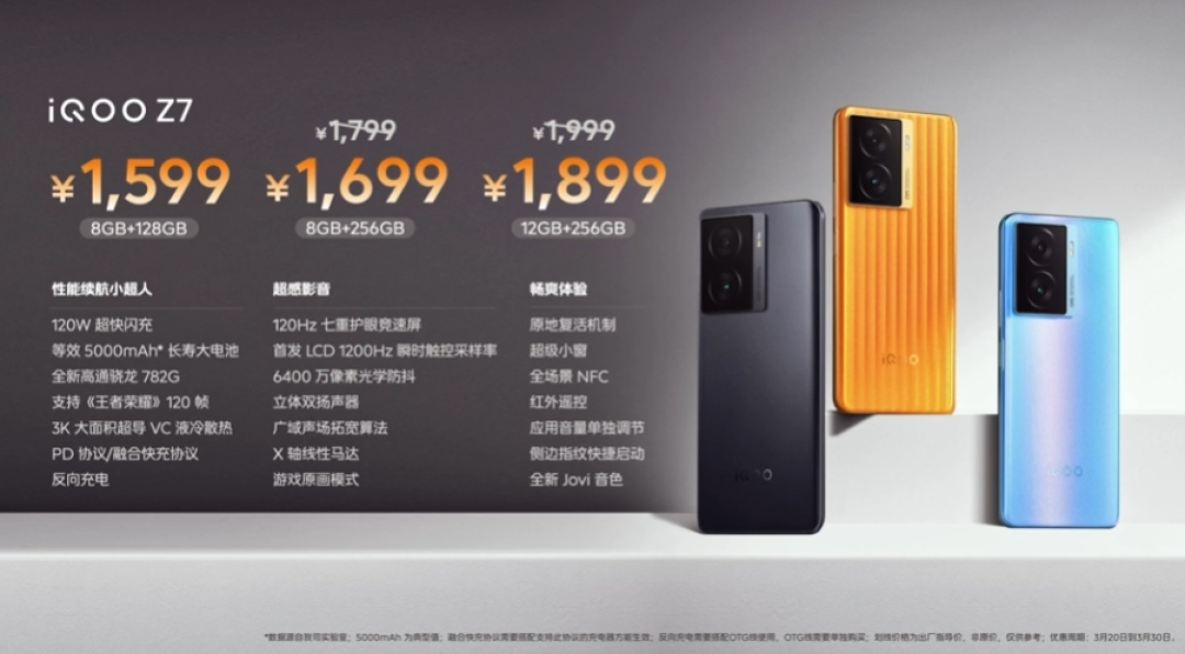 iQOO Z7/Z7x 双机开售：LCD、大电池、120W，起售1299/1599元
