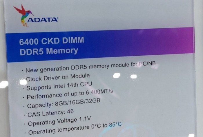 威刚展出支持第14代酷睿处理器的 DDR5 内存，出厂 6400 MHz 
