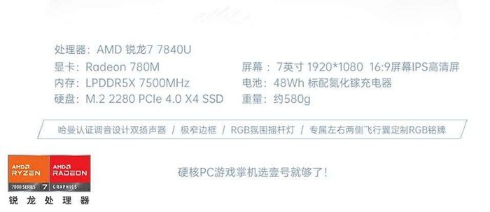 壹号本“飞行家”ONEXFLY 配置公布，定档7月，搭AMD锐龙7 7840U、7英寸屏