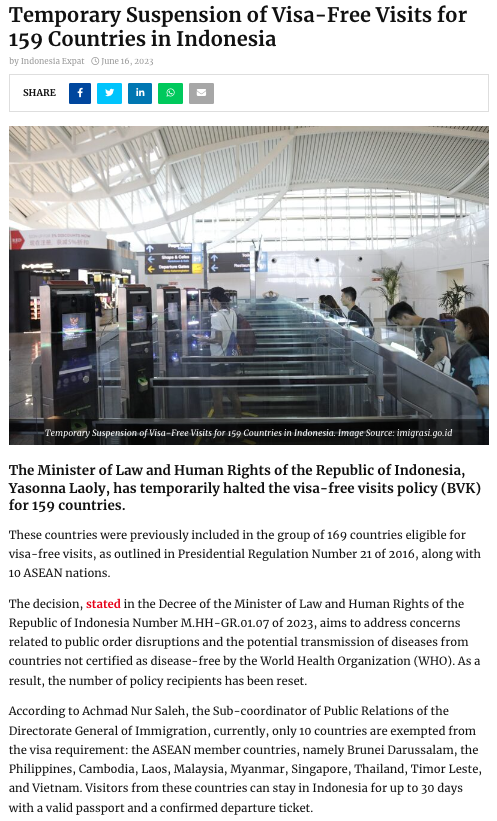 签证快讯：印尼政府暂停159个国家/地区的入境免签政策 