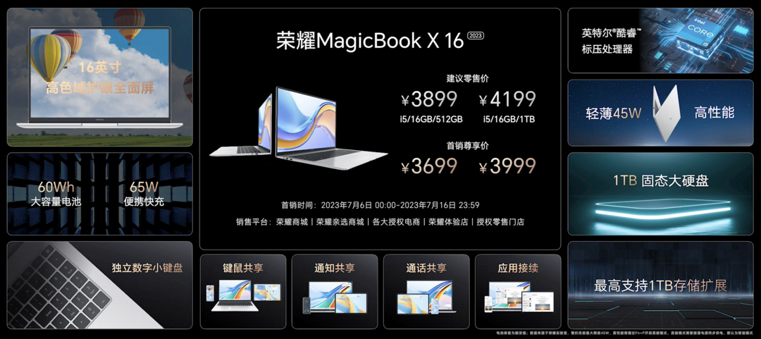 荣耀还发布 MagicBook X 16 2023 轻薄本：搭12代酷睿标压、16英寸护眼屏、双硬盘位