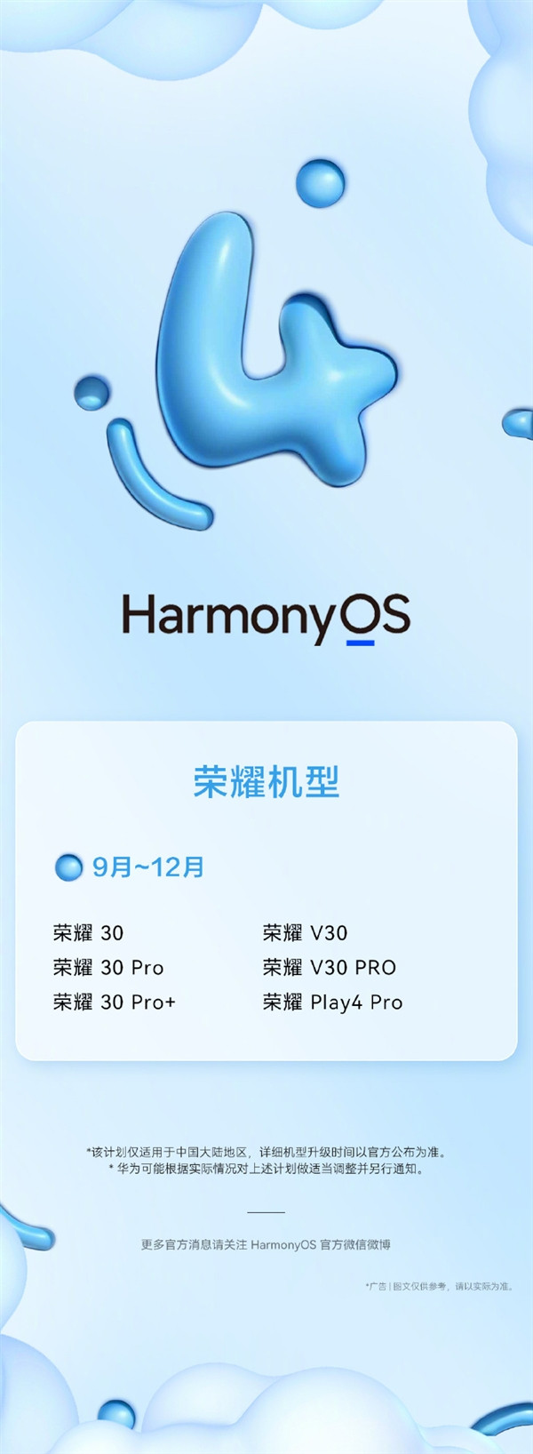荣耀 30/V30 等老机型支持升级鸿蒙 OS 4 ，9月-12月陆续开启