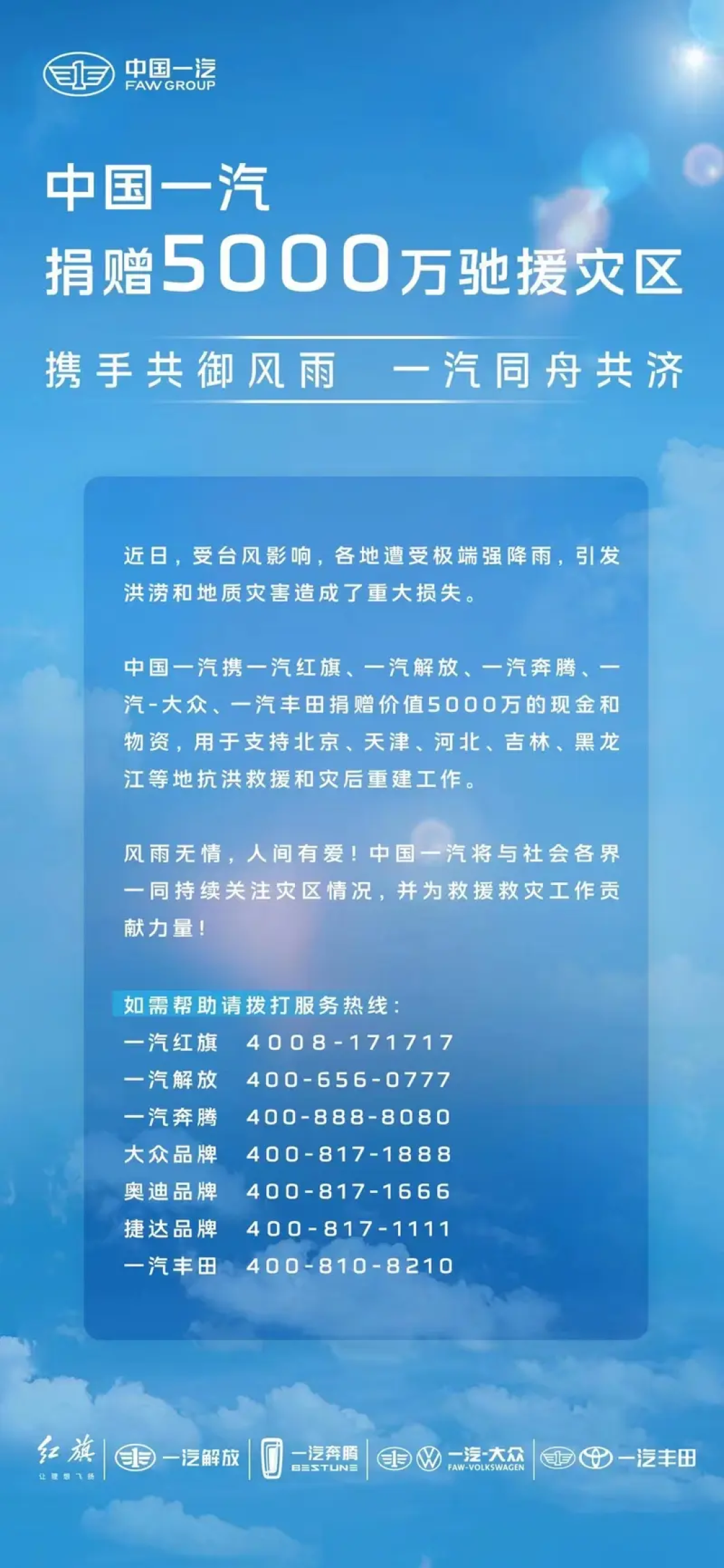 中国一汽携旗下品牌捐赠价值5000万现金和物资，驰援灾区重建
