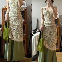 2023年新款蕾丝叠穿牛油果绿吊带连衣裙：法式长裙，物美价廉