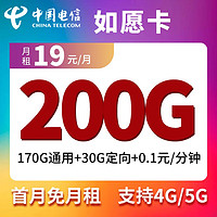 中国电信如意卡 19元/月 170G通用+30G定向（优惠两年），不限速全国可用