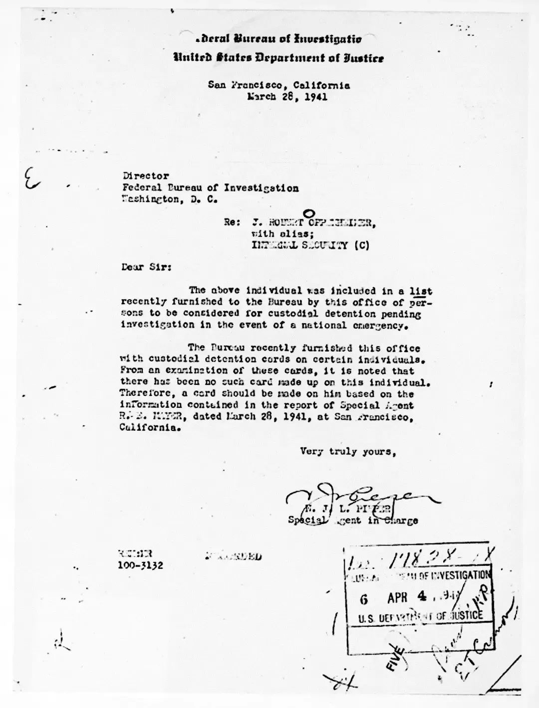 1941年，奥本海默已被联邦调查局列为可疑的激进分子，一旦国家发生紧急情况，他将会被拘留。