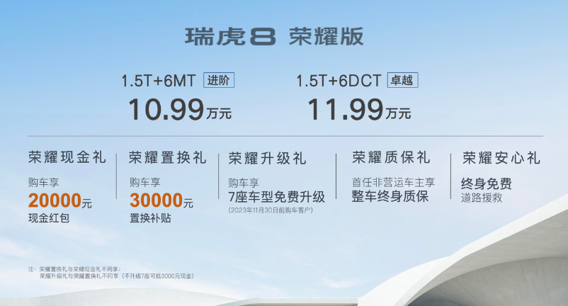 奇瑞瑞虎8荣耀版上市，售10.99万元起