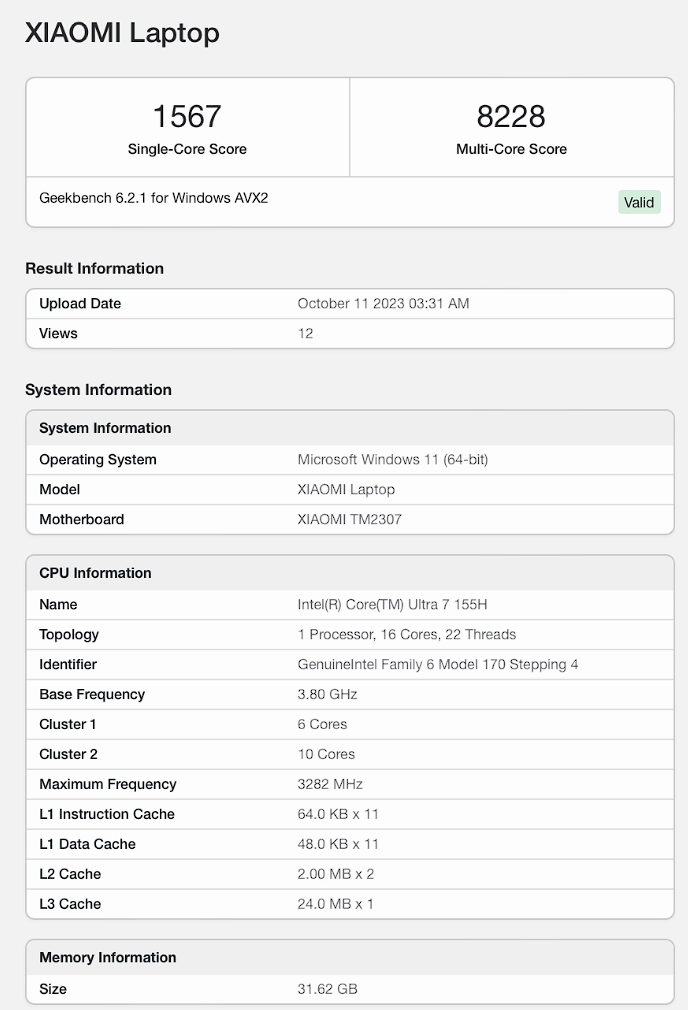 小米新款笔记本现身跑分库，搭载还未上市的酷睿 Ultra 7 155H 处理器